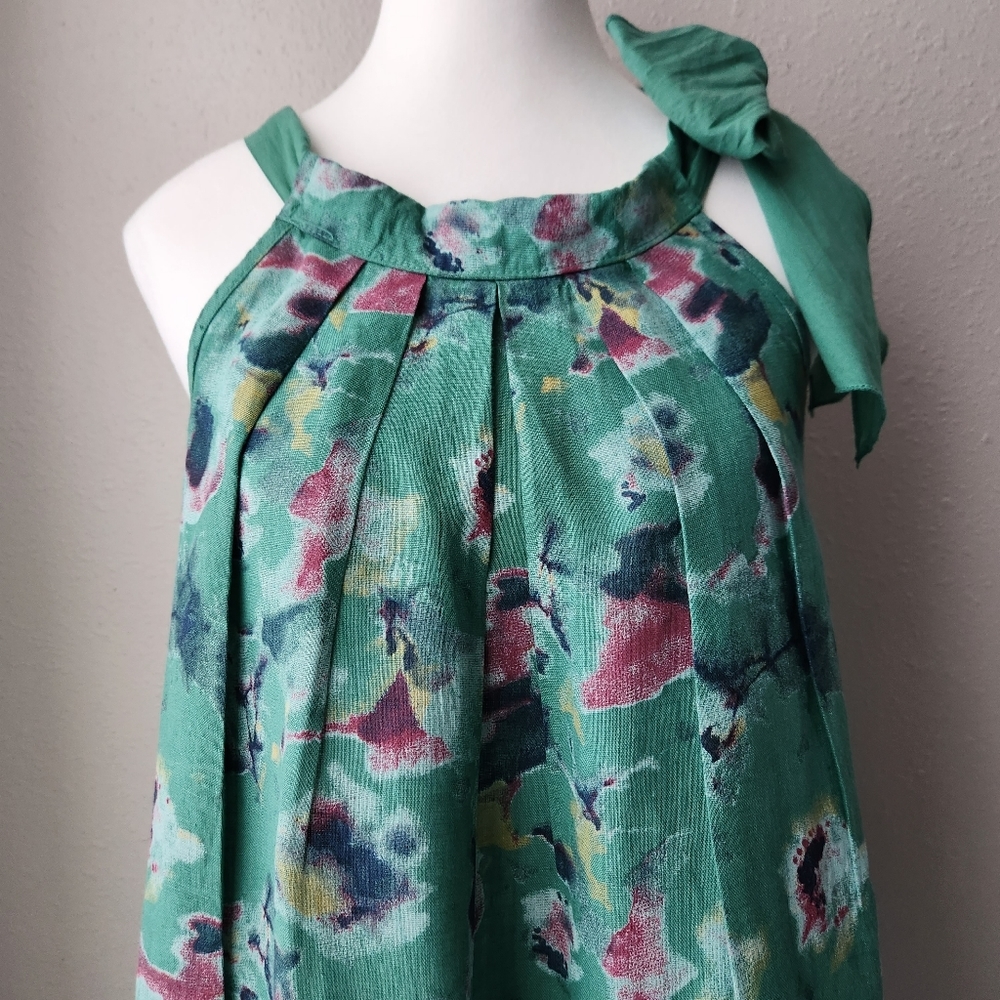 BELLAMBRA MADE IN ITALY 100% Linen Neck Tie Floral Watercolor Printed Dress - Picture 5 of 13